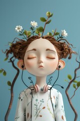 Wall Mural - A doll with flowers on her head and headphones. AI.