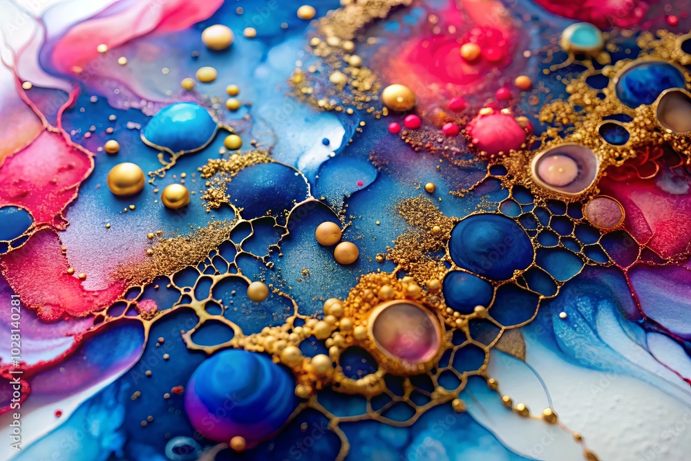 Dark Blue and Coral Pink Alcohol Ink Drops with Gold Splash on White ...