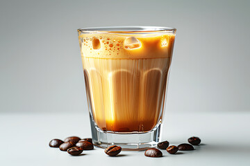 Foamy coffee cappuccino with whipped milk foam and cocoa powder on top, in mug on grey background with coffee black beans. Realistic drink hot coffee template pattern. Slight sweetness.