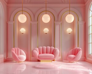 Sticker - Pink and gold room with chairs and a sofa. AI.