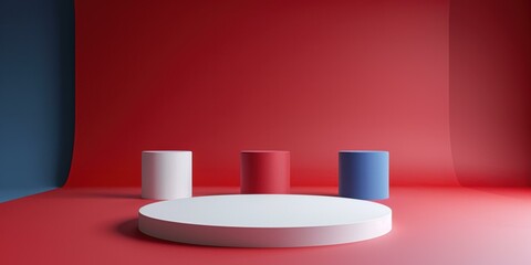 Poster - A white platform with red and blue cylinders in front of a red wall. AI.