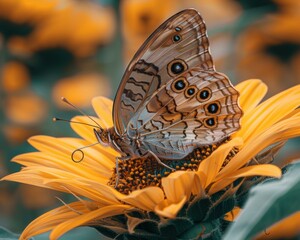 Sticker - A butterfly perched on a yellow flower. AI.