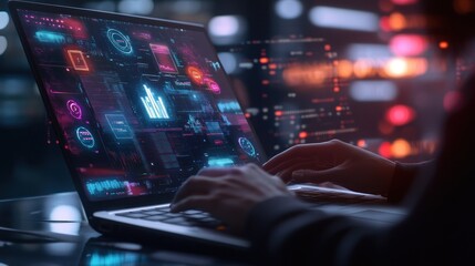 Cyberpunk Hacker Working on Laptop