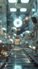 Sticker - A row of robots stand in a factory setting. AI.