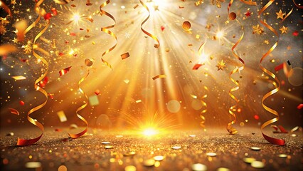 Canvas Print - Golden Streamers and Confetti Falling Upon a Sparkling Surface with Light Rays Illuminating the Scene