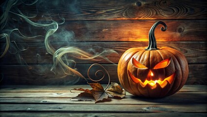 Wall Mural - A Glowing Jack-o'-Lantern with an Eerie Smile on a Rustic Wooden Surface, Embellished with Wispy Smoke and Dried Autumn Foliage