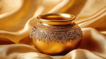 Elegant golden pot on shimmering fabric backdrop