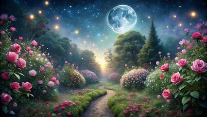 Canvas Print - A moonlit path through a dreamy floral forest, with a soft glow illuminating the lush foliage and delicate blossoms.