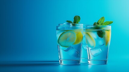 Aufkleber - Lemonade lemon mint cocktail in glasses and jug Blue background Close up : Generative AI
