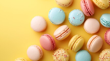 Macaroons dessert on yellow background Close up Top view : Generative AI