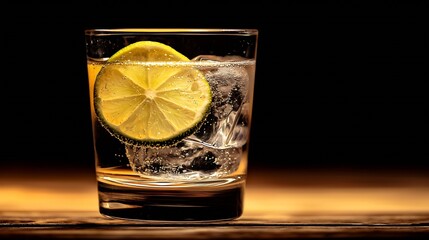Aufkleber - Gin tonic in glass with ice and lime slice on a wooden background Selective focus : Generative AI