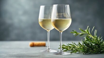 Two glasses with white wine on grey wooden background Copy space : Generative AI