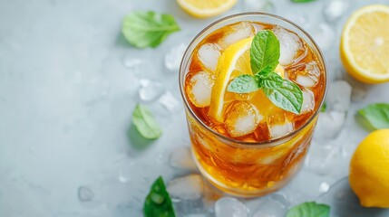 Aufkleber - Ice tea with fresh lemons Grey background Copy space Top view : Generative AI