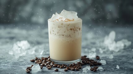 Aufkleber - Ice coffee in a tall glass and coffee beans on a grey stone background : Generative AI