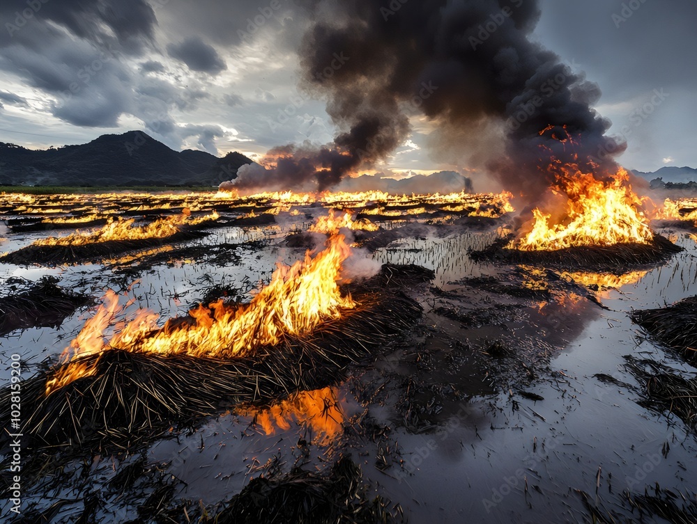 Farmers set fire to stubble of rice in the field to facilitate soil ...