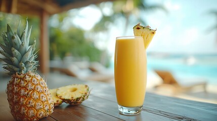 Poster - Glass of pineapple smoothie juice and fresh fruit on a outdoor tropical background Copy space : Generative AI