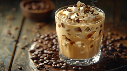 Aufkleber - Traditional Vietnamese Thai Ice coffee with coffee beans on a wooden background Copy space : Generative AI