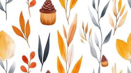 A colorful design featuring autumn leaves and cute cupcakes creates a vibrant, seasonal pattern with warm hues and playful elements.