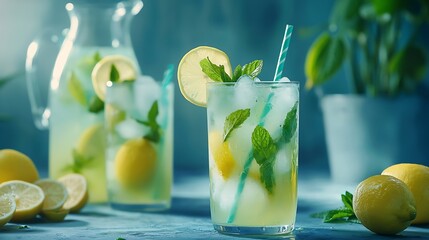 Aufkleber - Lemonade lemon mint cocktail in glasses and jug Blue and grey background Close up : Generative AI