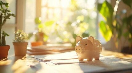 Financial Planning with Piggy Bank on Documents in Morning Light