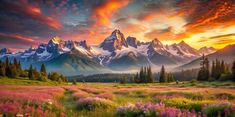 Wall Mural - A mountain range bathed in the soft glow of a vibrant sunset, showcasing a lush green valley adorned with a carpet of wildflowers in full bloom.