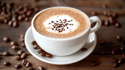 Aufkleber - Cup of coffee cappuccino with coffee beans on a wooden background : Generative AI