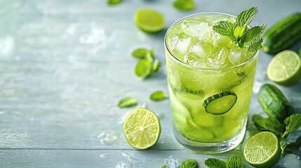 Poster - Lime cucumber mint lemonade cocktail fizz on a white wooden background : Generative AI