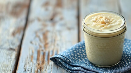 Poster - Mango Coconut yogurt smoothie in a glass jar on a blue napkin on white background : Generative AI
