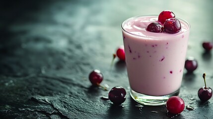 Poster - Cherry coconut milk yogurt and honey smoothie on a stone background : Generative AI