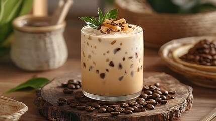 Aufkleber - Traditional Vietnamese Thai Ice coffee with coffee beans on a wooden background Copy space : Generative AI