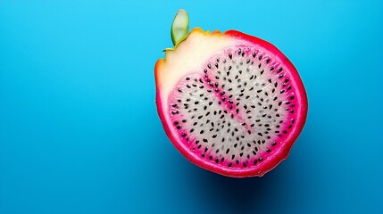 Poster - Fresh dragon fruit pitahaya slice Blue background Copy space Top view : Generative AI