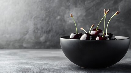 Poster - Fresh ripe black cherries in a black bowl on a grey stone background Close up : Generative AI