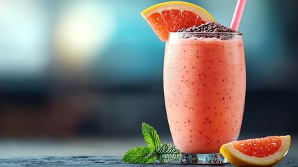 Poster - Strawberry pink grapefruit smoothie with acai powder on a grey stone background Copy space : Generative AI