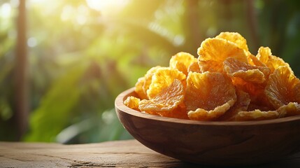 Poster - Dried dehydrated deep fried pineapple chips in a wooden bowl on a tropical summer background : Generative AI