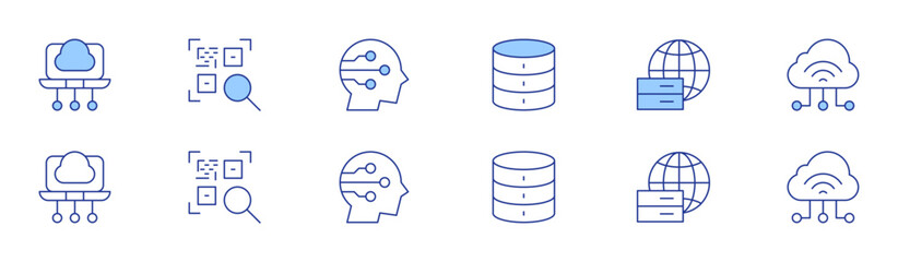 Technology icon set in two styles, Duotone and Thin Line style. Editable stroke. database, edge computing, big data, barcode, iot, artificial intelligence