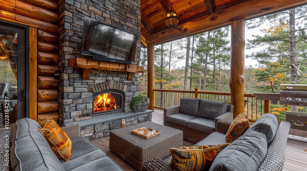 Beautiful rustic stone fireplace in an outdoor living room on the deck ...