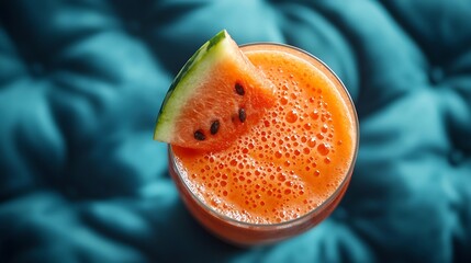 Poster - Fresh watermelon juice smoothie on blue textile background Top view : Generative AI
