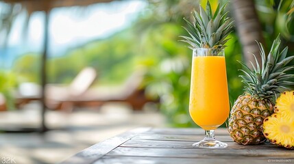 Poster - Glass of pineapple smoothie juice and fresh fruit on a outdoor tropical background : Generative AI