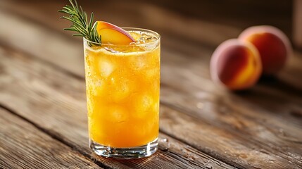 Poster - Peach and rosemary fizz cocktail on a wooden background : Generative AI