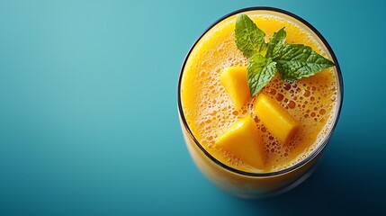 Poster - Fresh mango smoothie juice on blue background Top view : Generative AI