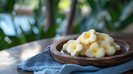 Handmade heart shape cookies on wooden plate and blue napkin Outdoor backgroundFrangipani flower : Generative AI