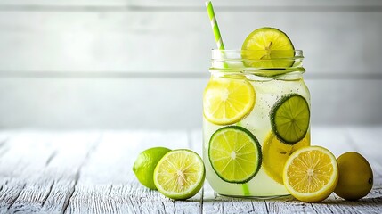 Poster - Lemonade with ice lemon and lime slices in a jar with straw in a white summer wooden background : Generative AI