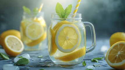 Poster - Lemonade lemon mint cocktail in glasses and jug Grey background Close up : Generative AI