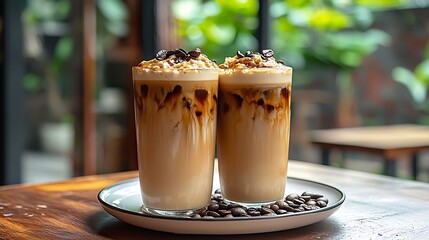 Aufkleber - Ice coffee with condensed milk traditional Vietnamese Thai coffee with coffee beans on a white plate background : Generative AI