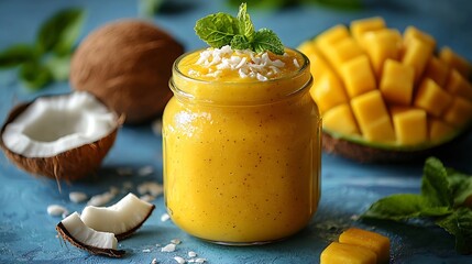 Poster - Mango Coconut smoothies in a glass jar on a blue background : Generative AI