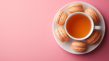 Wall Mural - Macaroons dessert and cup of tea on pink background Flat lay composition Top view Copy space : Generative AI