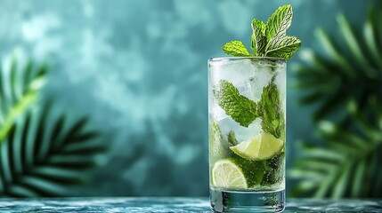 Aufkleber - Mojito cocktail with lime and mint in highball glass on a marble table Blue background : Generative AI