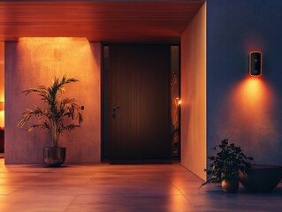 Sticker - Modern home entrance with warm lighting and potted plants at dusk.