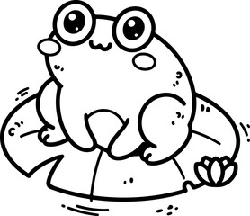 Wall Mural - charming cartoon frog sitting on a lotus leaf, hand-drawn in line art style. vector illustration, is