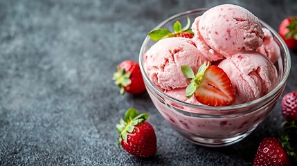 Poster - Strawberry ice cream in a glass bowl on grey background Close up Copy space : Generative AI
